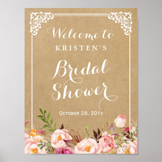 Póster Rústico Floral Kraft Look | Rótulo Bridal Shower (Frente)