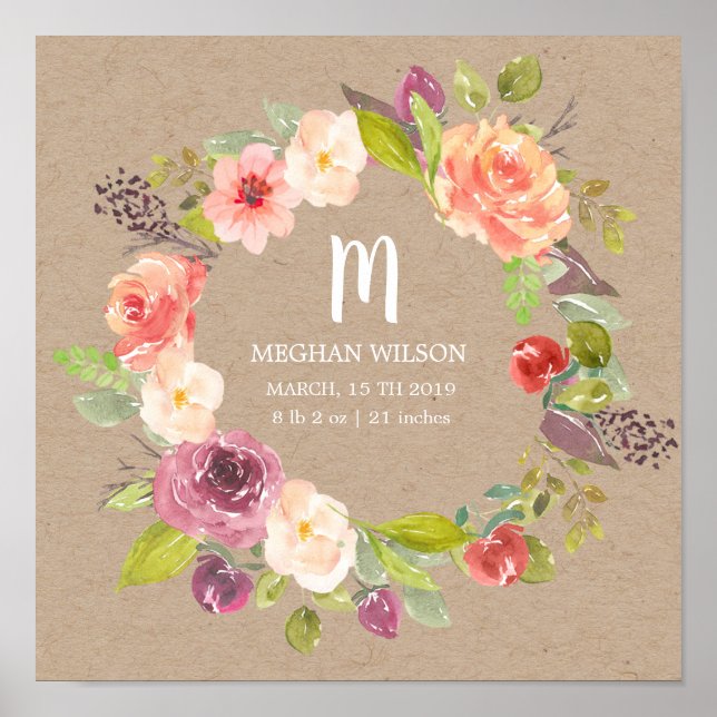 Póster Rústico kraft floral Poster de parto personalizado (Frente)