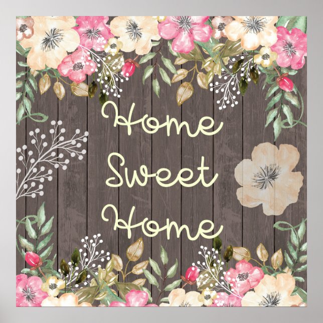 Póster Rústico look Home Sweet Home Floral Wood (Frente)