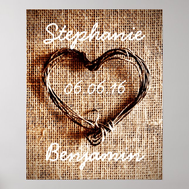 Póster Rústico País Twine Heart Burlap Boda Poster (Frente)