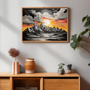 Póster Rústico paisaje montañoso del amanecer