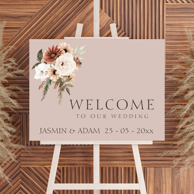 Póster Rústico Rótulo Boda rosa y floral verde (Rustic Dusty Pink and Green Floral Wedding Welcome Sign)