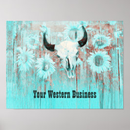 Póster Rústico Verde azulado Cráneo De Toro Occidental Gi