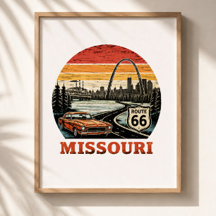 Póster Ruta 66 Arco de la Puerta de Missouri Franja Retro