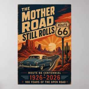 Póster Ruta 66 Centenario Azul Clásico Coche Camino del D