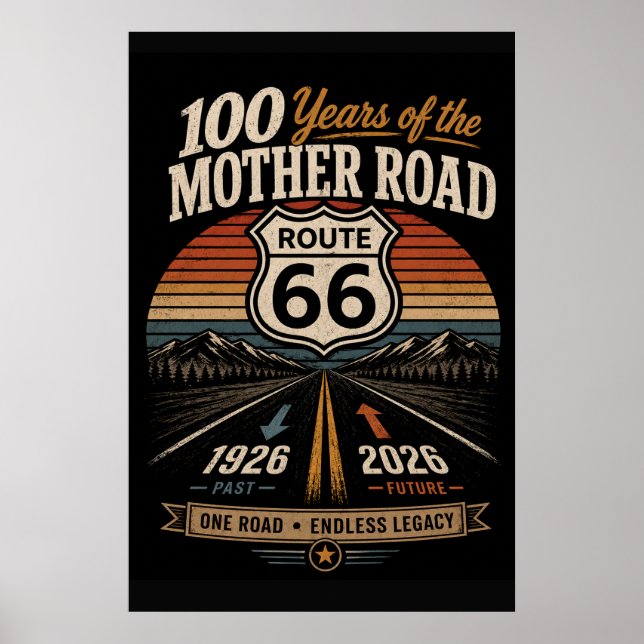 Póster Ruta 66 Centenario Franja Retro Atardecer (Frente)