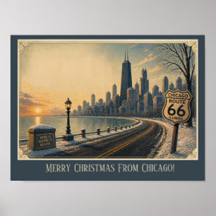 Póster Ruta 66 de Chicago Skyline Escape Navideño