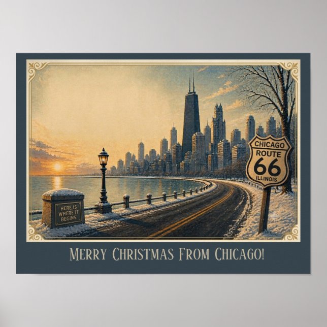 Póster Ruta 66 de Chicago Skyline Escape Navideño (Frente)