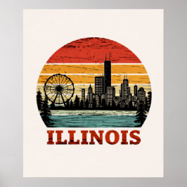Póster Ruta 66 Ilinois Horizonte de Chicago Franja Retro 