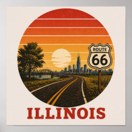 Póster Ruta 66 Illinois Chicago Puesta de sol Silueta urb