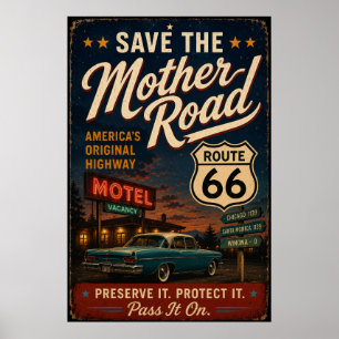Póster Ruta 66 Motel Antiguo Viaje en Coche Clásico