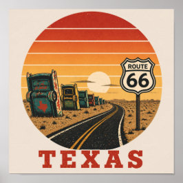 Póster Ruta 66 Texas Cadillac Desierto Atardecer