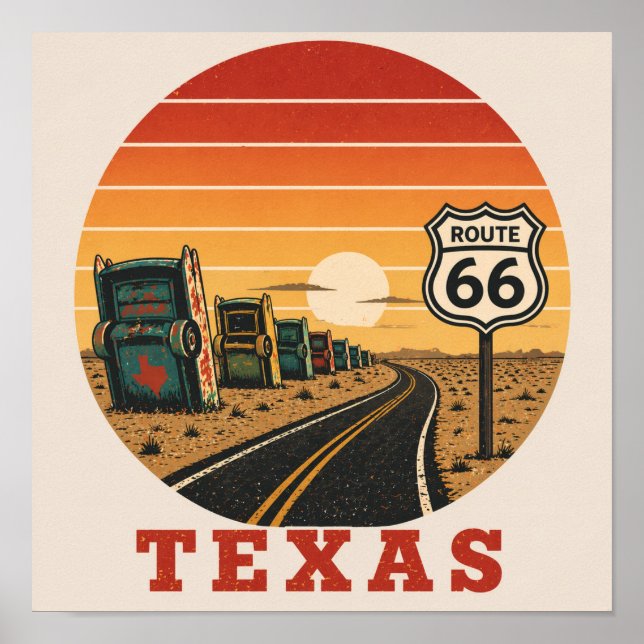 Póster Ruta 66 Texas Cadillac Desierto Atardecer (Frente)