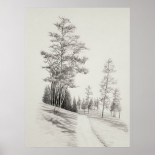 Póster Ruta de acceso y árboles Sketch, grabado vintage,