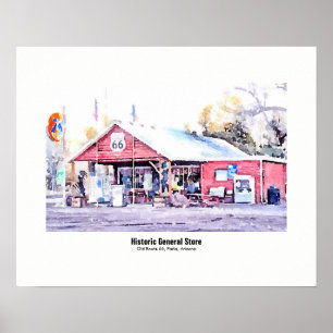 Póster Ruta Histórica 66 Tienda General Arizona Acuarela