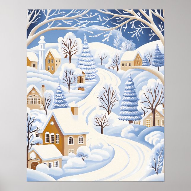 Póster Ruta invernal a través de pueblos y árboles nevado (Frente)