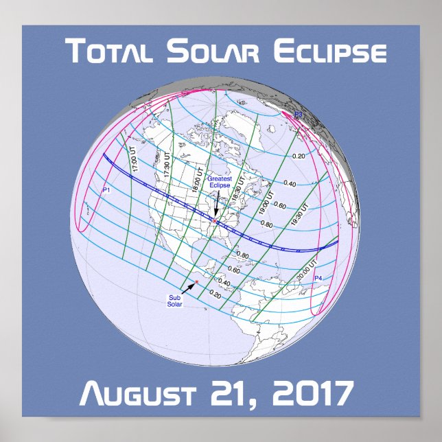 Póster Ruta mundial total del eclipse solar 2017 (Frente)