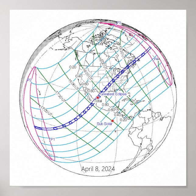 Póster Ruta mundial total del eclipse solar 2024 (Frente)