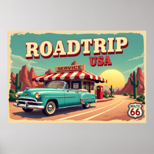 Póster Ruta Retro 66 Viaje por carretera - Paisaje vibran