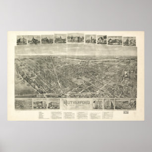 Póster Rutherford, NJ Birds Eye View Panoramic Map