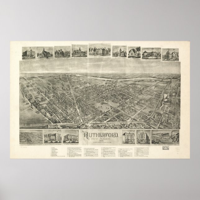 Póster Rutherford, NJ Birds Eye View Panoramic Map (Frente)