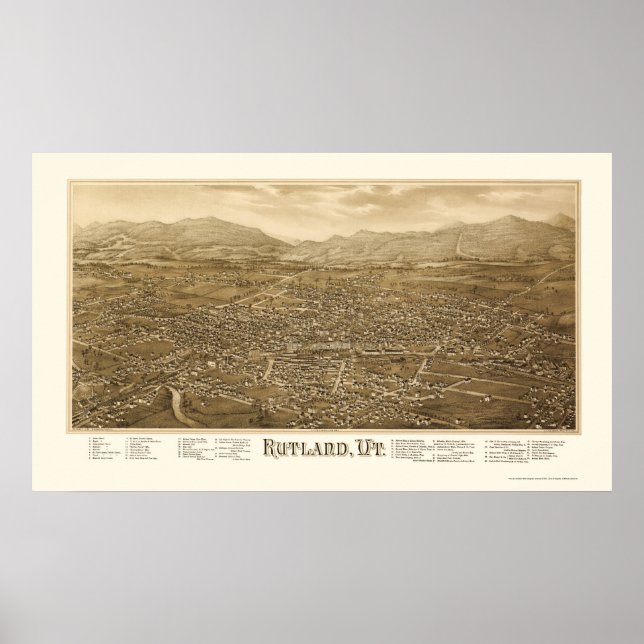 Póster Rutland, mapa panorámico VT - 1885 (Frente)