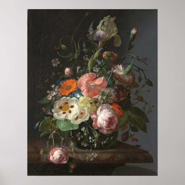 Póster Ruysch - Bodegón con flores sobre una mesa de márm (Frente)