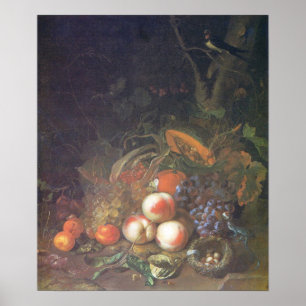 Póster Ruysch - Frutas, Bodegón con un nido de pájaros