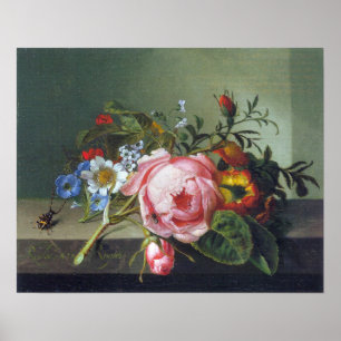 Póster Ruysch - Rama de rosa con escarabajo y abeja