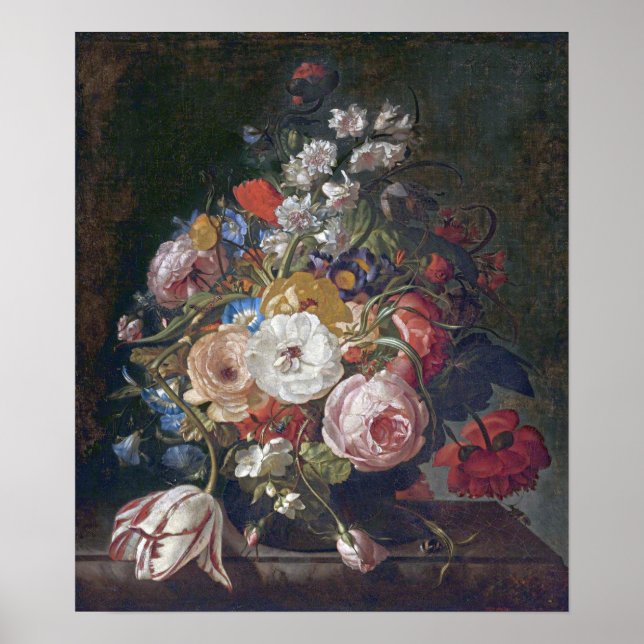 Póster Ruysch - Ramo de flores en un jarrón de vidrio (Frente)