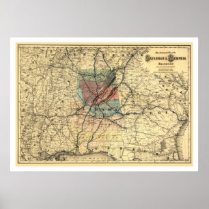 Póster Sabana y mapa 1872 del ferrocarril de Memphis