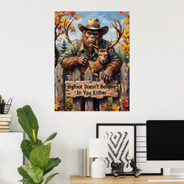 Póster Sabiduría de Woodland: Pie grande, Elk y la cerca (Oficina en casa)