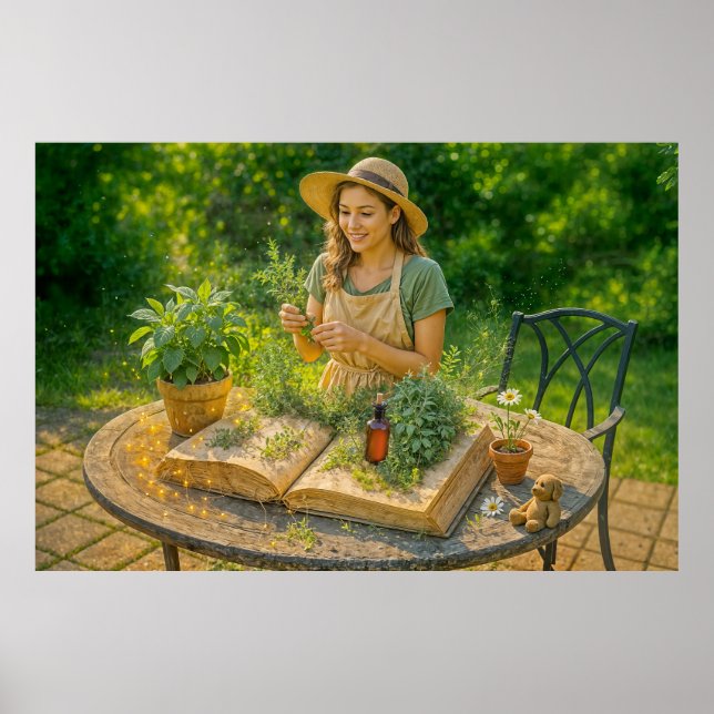 Póster Sabiduría herbal del antiguo libro botánico (Frente)