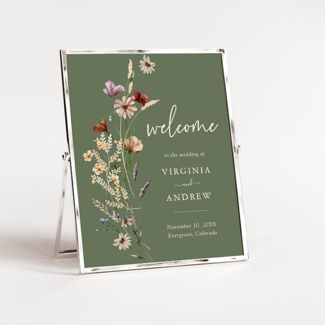Póster Sabio Boho Bienvenida de Bodas con Flores Silvestr (Sage Green Boho Wildflower Welcome Wedding Poster by Painted Paperie
)