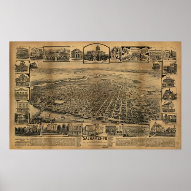 Póster Sacramento CA Birds Eye View Panoramic Map de 1890 (Frente)