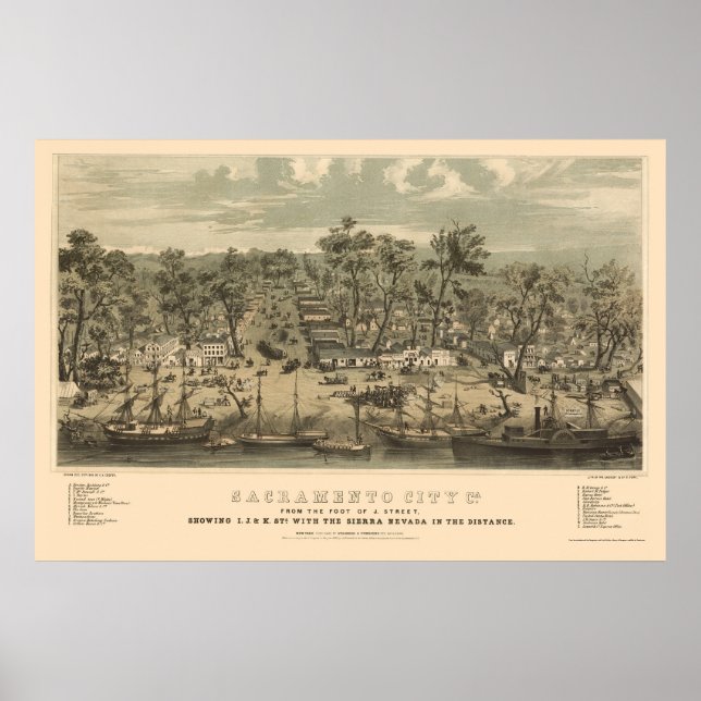 Póster Sacramento, CA Mapa Panorámico - 1850 (Frente)