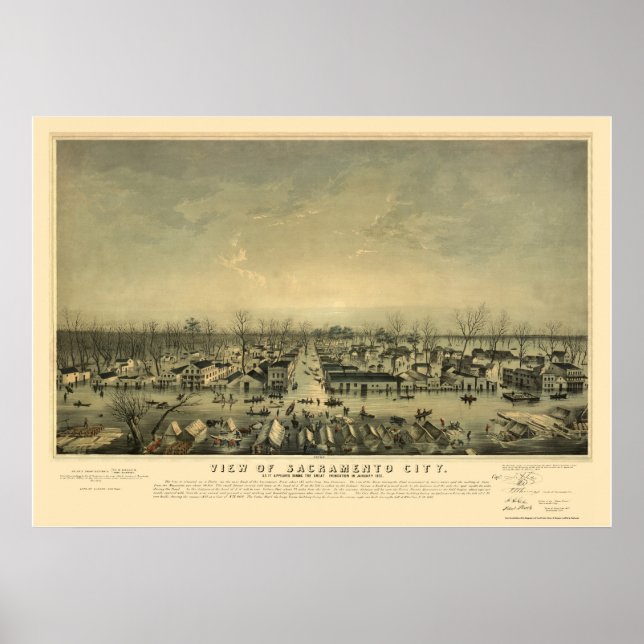Póster Sacramento, CA Mapa Panorámico - 1850 (Frente)