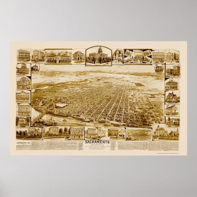 Póster Sacramento, CA Mapa Panorámico - Años 1890 (Frente)