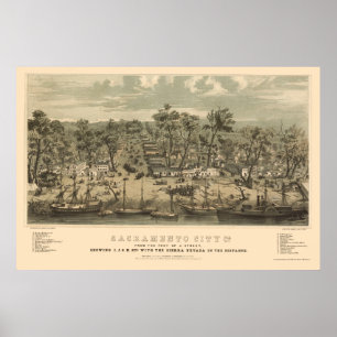 Póster Sacramento, mapa panorámico de CA - 1850