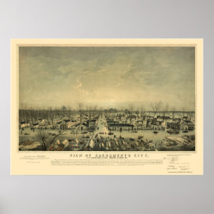 Póster Sacramento, mapa panorámico de CA - 1850