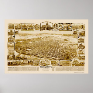 Póster Sacramento, mapa panorámico de CA - 1890's