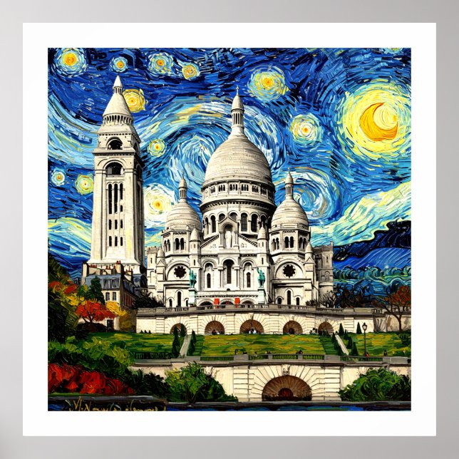 Póster Sacre-Coeur París Francia Noche estrellada (Frente)