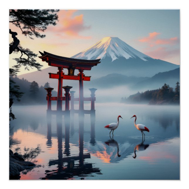 Póster Sacred Dance: Red Crown Cranes at Fuji's Gate (Anverso)