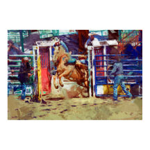 Saddle Bronc saliendo de Rodeo Chute con Cowboy