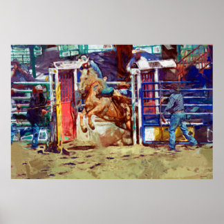 Póster Saddle Bronc saliendo de Rodeo Chute con Cowboy