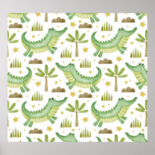 Póster Safari africano: Cocodrilo acuarela y palmeras