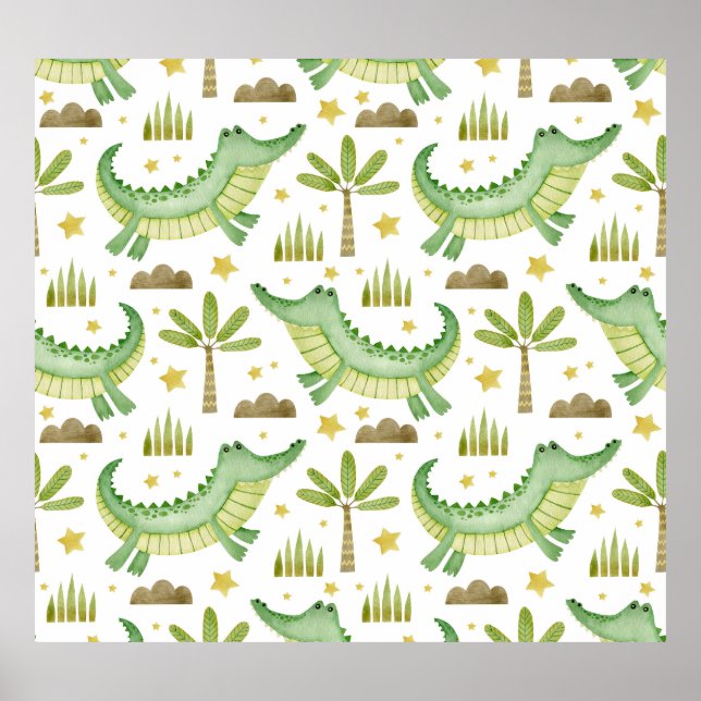 Póster Safari africano: Cocodrilo acuarela y palmeras (Frente)