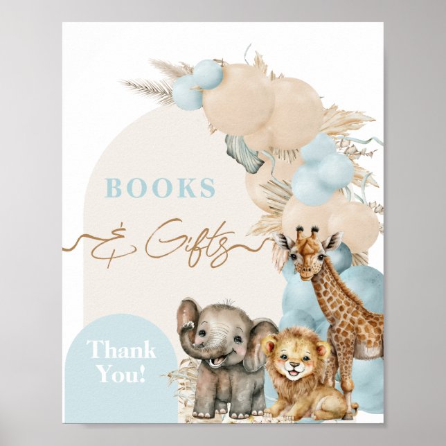 Póster Safari Animal Boho Blue Balloon Boy Baby Shower (Frente)