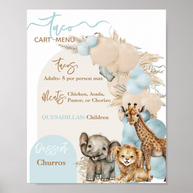 Póster Safari Animal Boho Blue Balloon Boy Baby Shower (Frente)