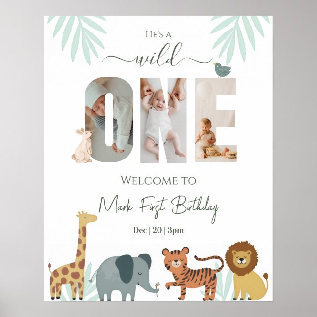 Póster Safari Animal Boy 1st Birthday Welcome Sign (Frente)